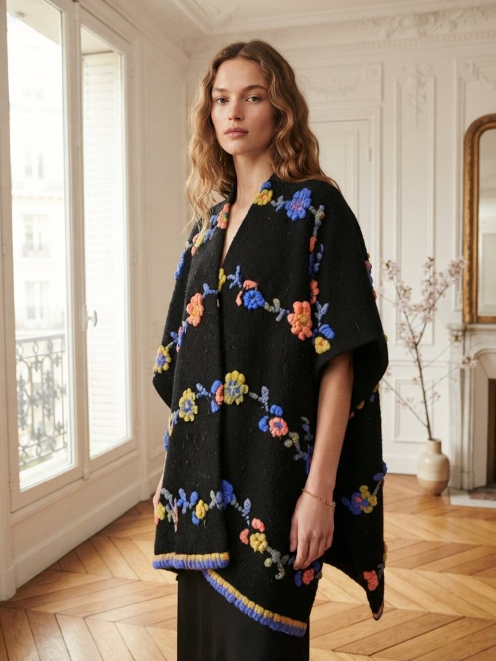 Imperico Made In Italy Black Floral Embroidered Women's Sweater Wrap OSFM